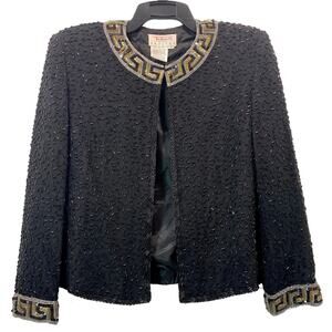 90s Y2K Black Heavily Beaded Silk Jacket Gold Silver Greek Key